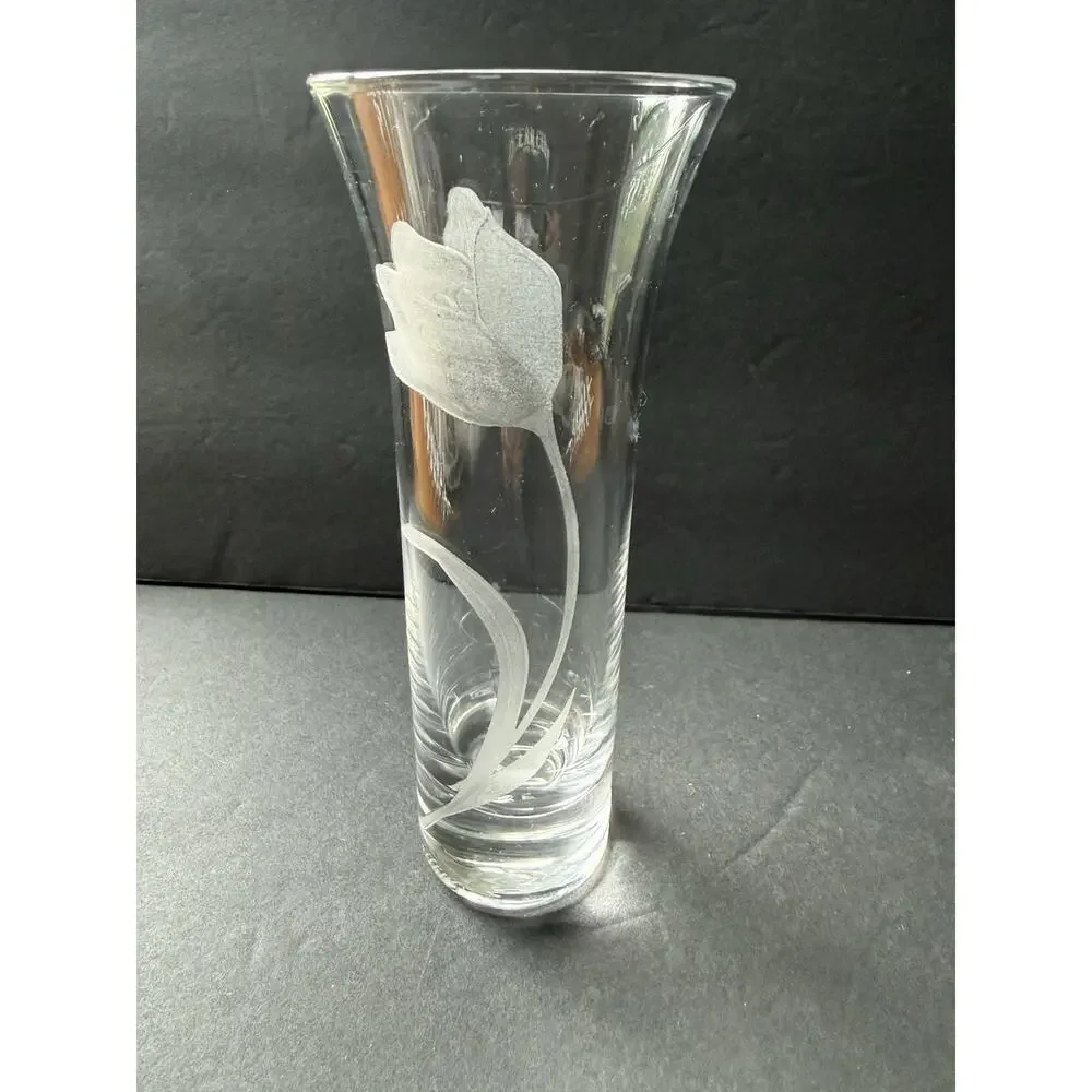 Qualia Glass Etched Bud Vase Clear Set (3) Bouquet Tulip Deco Modernist